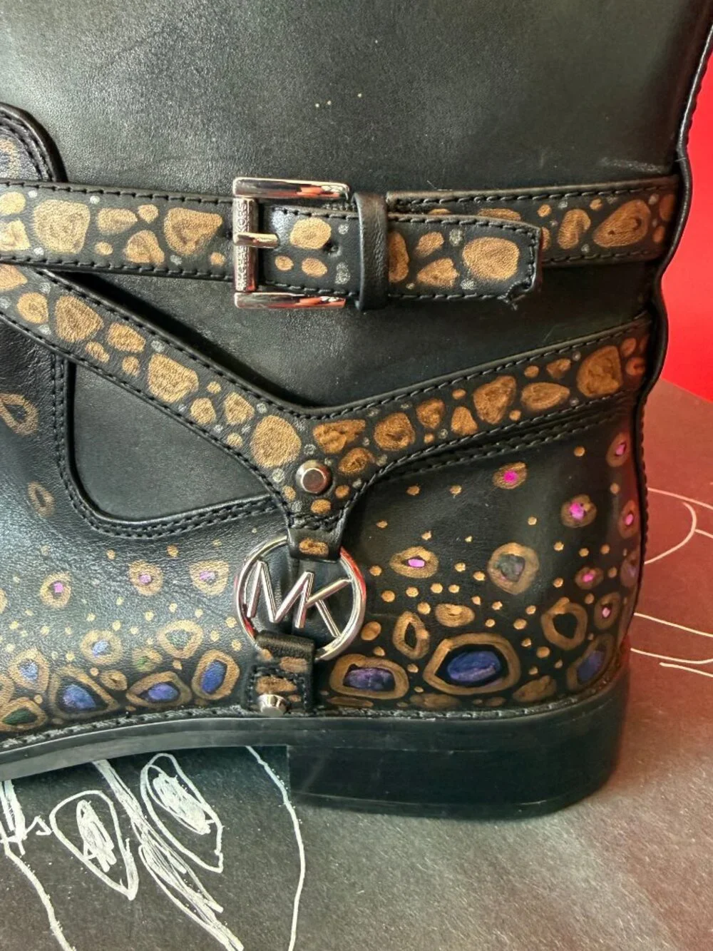 Hand Painted Leather Riding Boots | Gold Mosaic Knee High Boots, Unique